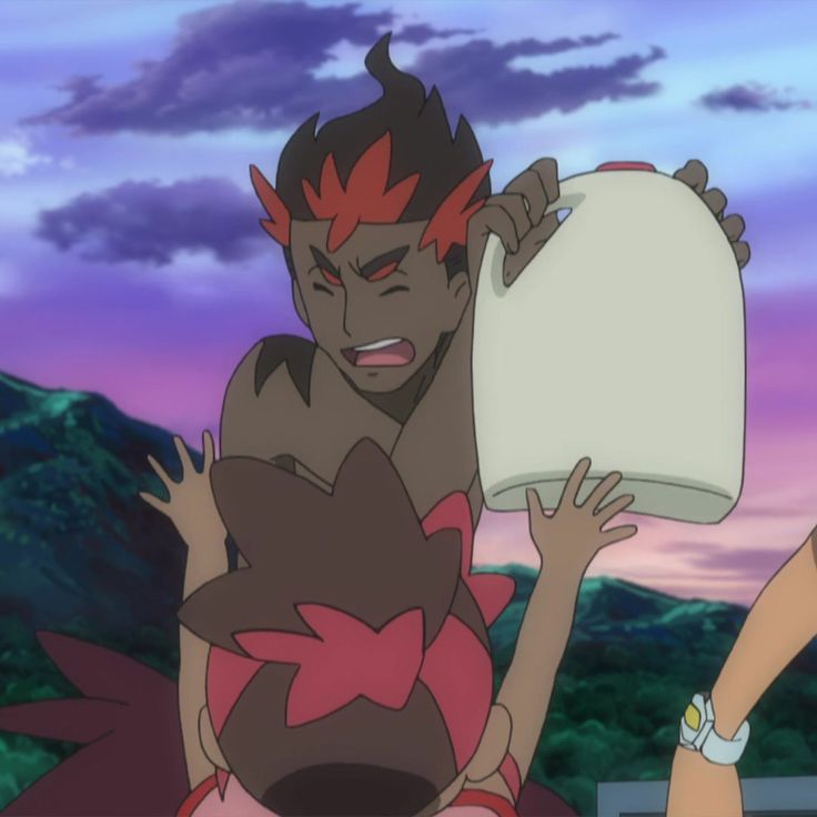 this is a cartoon image from an anime. it shows an angry male character holding a jug of milk over the head of a scared young female character. the background has a sunset sky, mountainous island, and beach. the image appears to depict a dramatic moment.