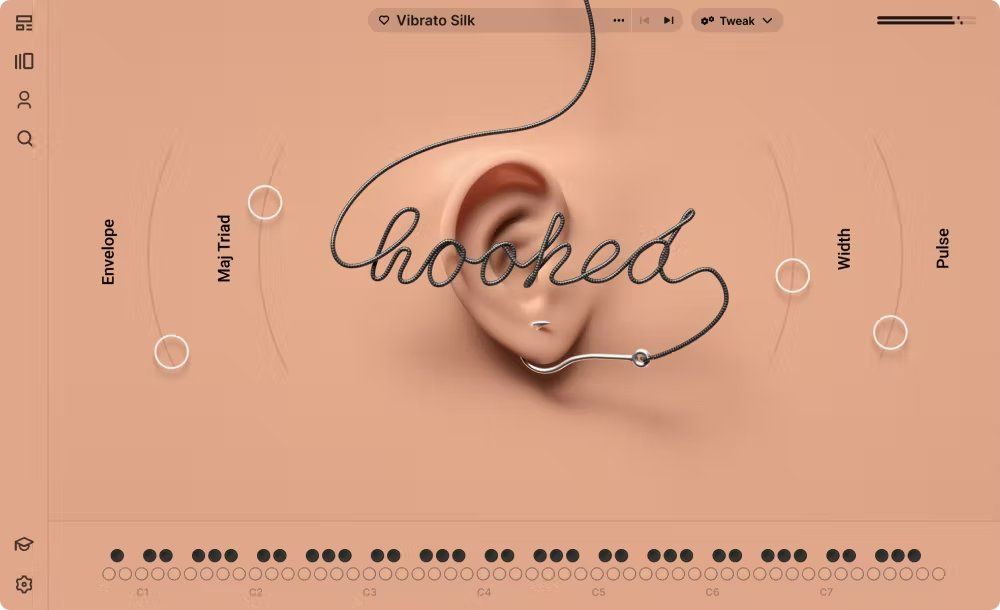 an illustration of a human ear with a fishing hook in the lobe and a piece of black string that reads "hooked." the illustration is in an app interface which shows the ability to customize the music and sound of the interface.