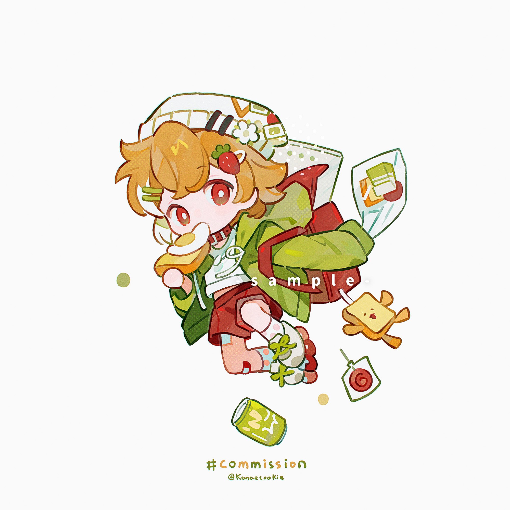 this is a digital drawing of a cute chibi character with a green jacket and red pants. the character has yellow hair and is holding a piece of bread with an egg. they have a backpack on and a drink in their hand. the art style is cute and colorful, with a focus on detail. this image is a commission for a customer.