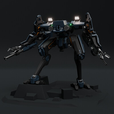 a blue and black mecha robot with glowing lights and a gun arm stands on a broken rock surface with dark grey background.