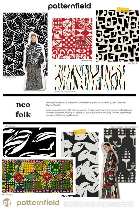 this image is a mood board for a design collection of patterns. the title of the mood board is "neo folk" and it features a variety of patterns that have been created using a monochrome color scheme. the patterns are inspired by heritage folk designs and have been updated with a contemporary twist.  the patterns are described as being "suitable for various products including fashion, accessories, footwear, stationery, and beyond."