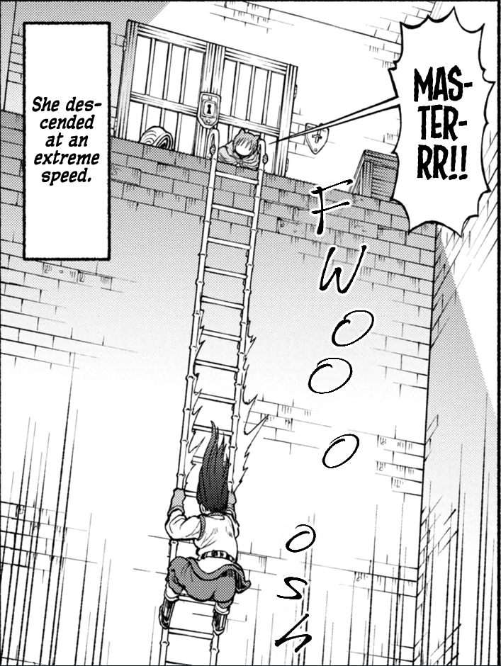 a black and white manga page shows a girl quickly climbing down a ladder on the side of a brick tower as someone above yells “master!”. the perspective is from below, looking up at the girl on the ladder.