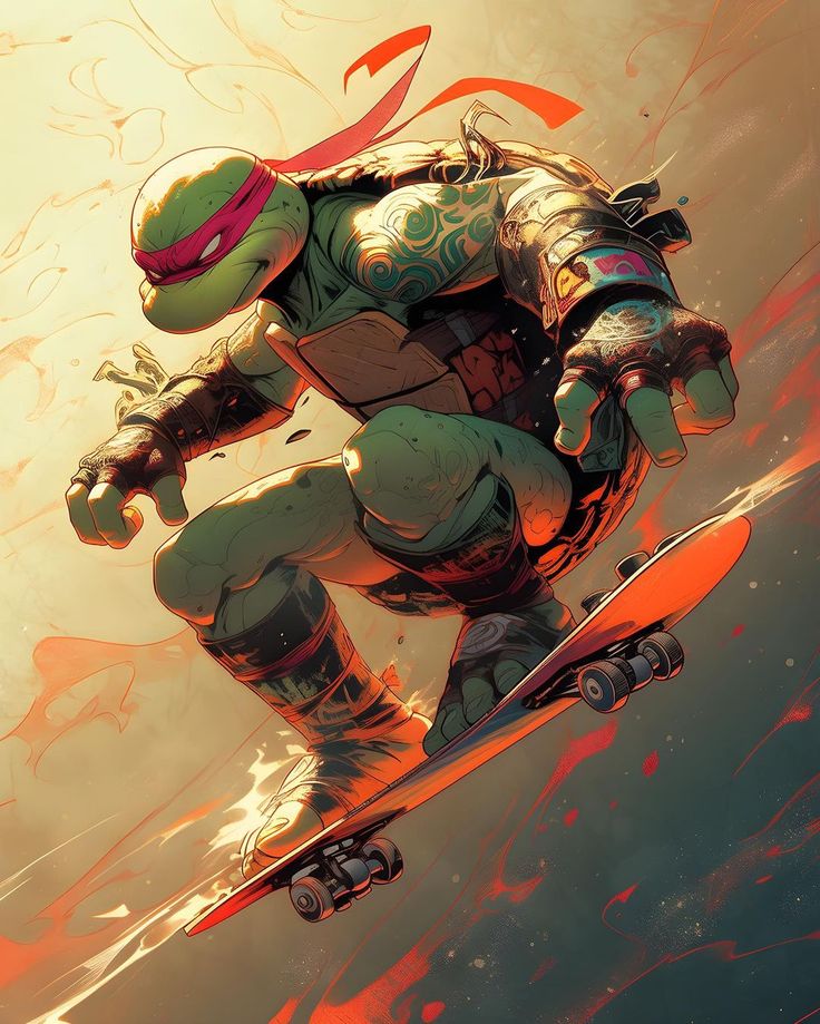 this is a comic book illustration of leonardo from the teenage mutant ninja turtles, he is in a skating pose with his skateboard midair. he has his signature red bandanna and his right arm is stretched out. the background is a blurred red and orange with a subtle nebula effect.