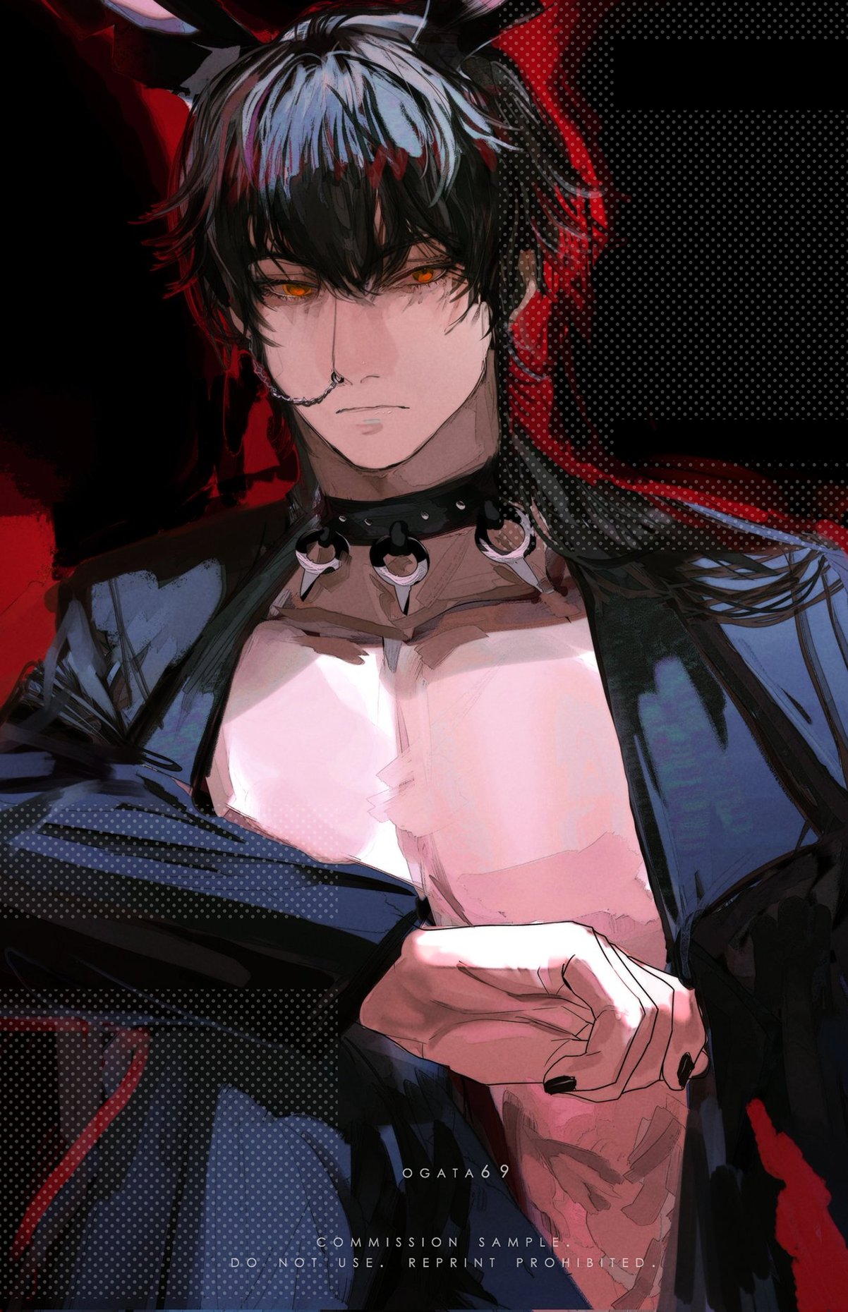 this is an illustration of an anime male character. he has black hair, black eyes, black clothing, and is wearing a choker. the illustration is styled in a dark and seductive way. he is depicted as being handsome, sexy, and a bit of a bad boy.