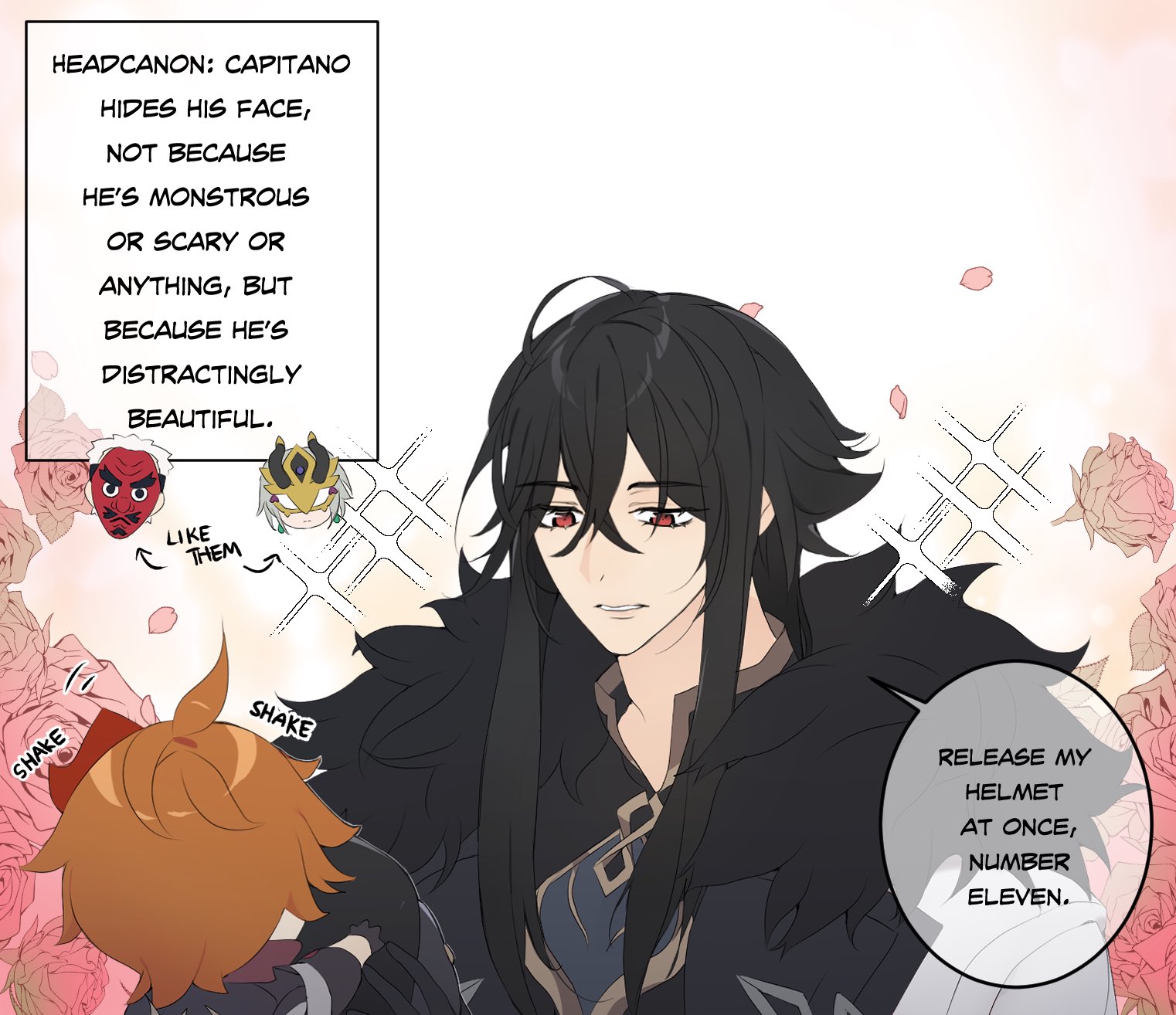 the image shows an anime character, capitano, with black hair and red eyes. he is partially obscured by his black cloak, with only his face visible. the text bubble above him explains that he hides his face not because he is monstrous or scary, but because he is distractingly beautiful. the smaller character in the foreground is shaking his head and a text bubble above him reads "release my helmet at once, number eleven".