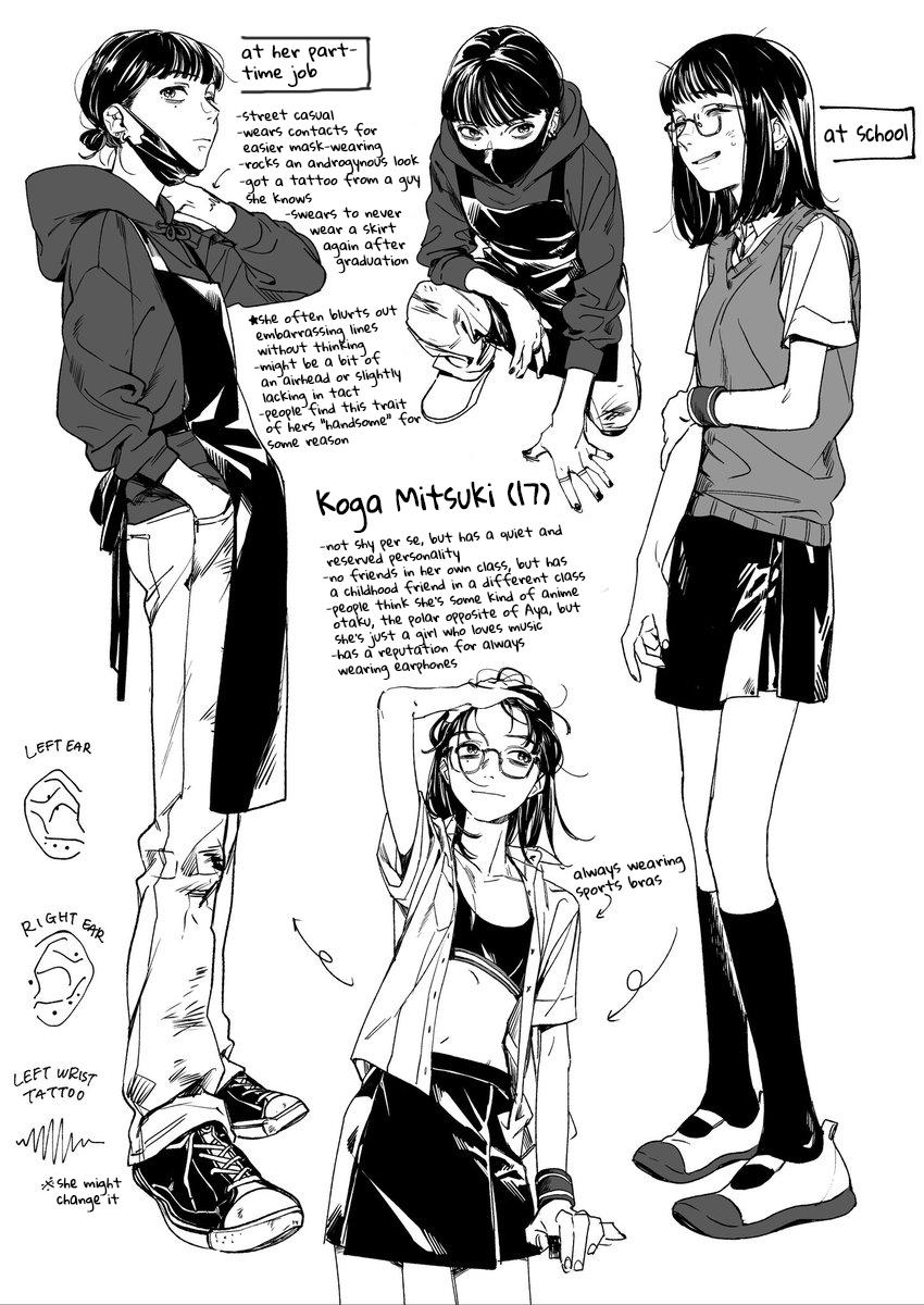 the image presents detailed character sketches of a teenage girl named koga mitsuki (17).  it showcases her in three different outfits: a casual street style for her parttime job, which features an androgynous look with a shirt and pants; a school uniform, which includes a vest and skirt; and a more relaxed outfit consisting of a shirt, sports bra and a skirt for her casual time. each outfit is accompanied by notes about her personality, attire choices, and social interactions, offering a comprehensive character profile. the sketches are rendered in