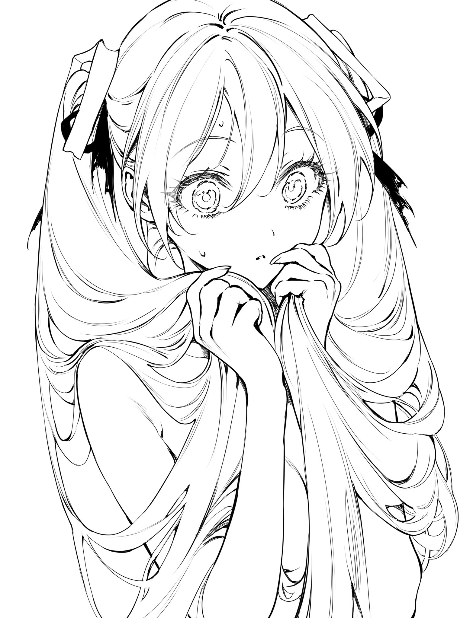 an animestyle drawing of a girl with long, flowing hair tied into pigtails with ribbons. she has large, expressive eyes and appears worried or scared, holding her hands up to her mouth. the image is a black and white outline illustration.