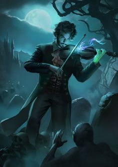 a man in dark, romantic attire stands in a moonlit graveyard, playing a violin that emits a magical green glow. he is the central focus of the image, with a low angle perspective making him appear imposing.  his expression is serious and focused.  the graveyard setting, combined with the magical elements and dark color scheme, creates a spooky and fantastical atmosphere. a hand reaches out from the bottom right corner towards the musician, suggesting an unseen presence drawn to the music.