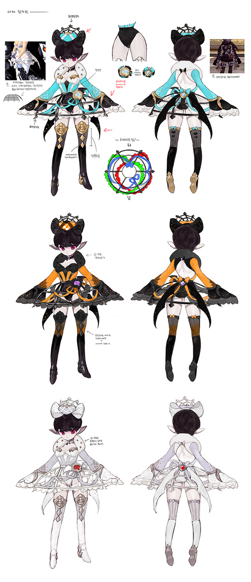 the image shows a concept art of an anime girl character design. the image is divided into three sections, each featuring the character in different costumes, and the character is depicted in both front and back views in each section.  the first section showcases the character in a blue and white dress with a red and white ribbon. the second section showcases the character in a black dress with orange accents. the third section shows the character in a white dress with a red ribbon. each section also includes some design notes.