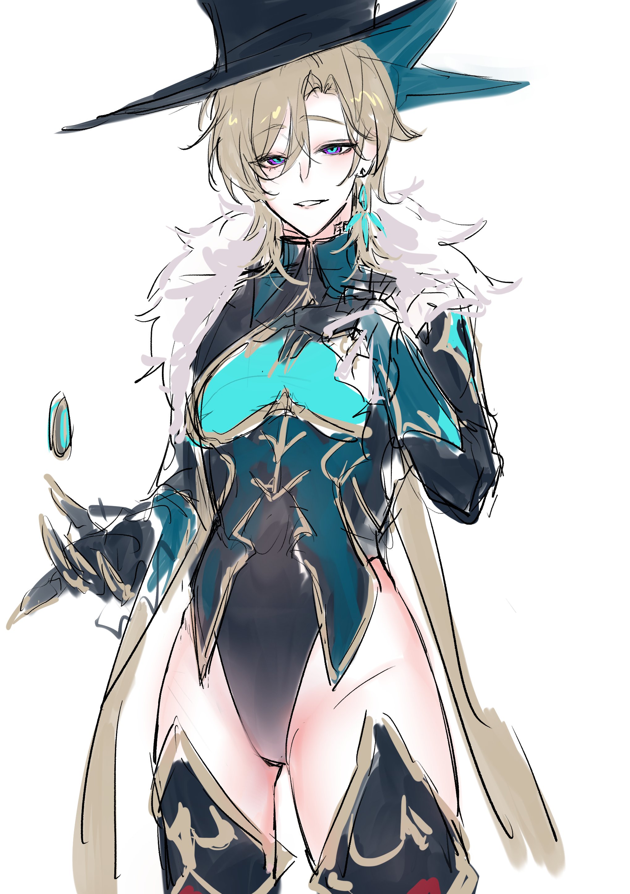 a sketch of an anime character, a male with long blonde hair and a black top hat. he is wearing a black leotard with teal accents and a white fur collar. he is holding a teal gem.