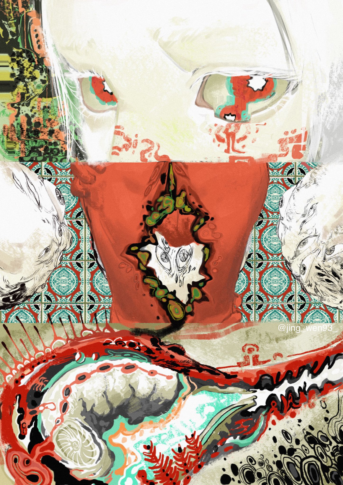this is a digital art portrait featuring a single figure. the figure's face is partially obscured by a stylized, abstract mask with a torn opening revealing intricate, organic patterns in green and white. the figure's eyes are intensely focused and rendered in white with hints of red. the background is a collage of textures, patterns, and colors, further adding to the surreal and abstract nature of the piece. the overall color palette is muted with pops of red, green, and blue. at the bottom, an abstract form resembling a sea creature with corallike textures is prominent.