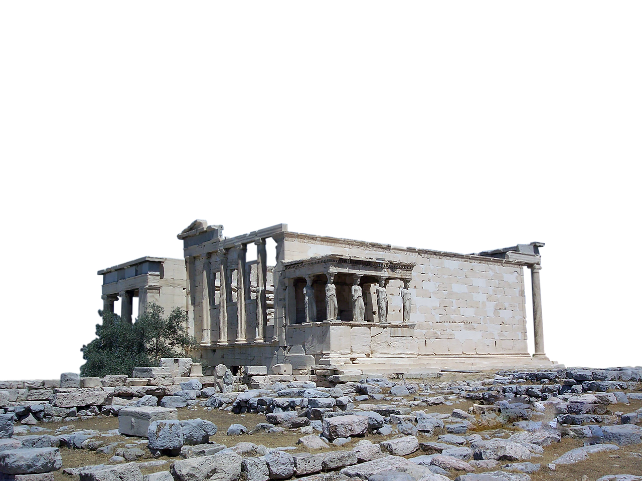 the image shows the erectheion, an ancient greek temple on the north side of the acropolis of athens in greece. the temple features ionic columns and is famous for the porch of the caryatids, with its sculpted female figures serving as architectural support. the ruins are surrounded by scattered stones and fragments. the image is set against a black backdrop.