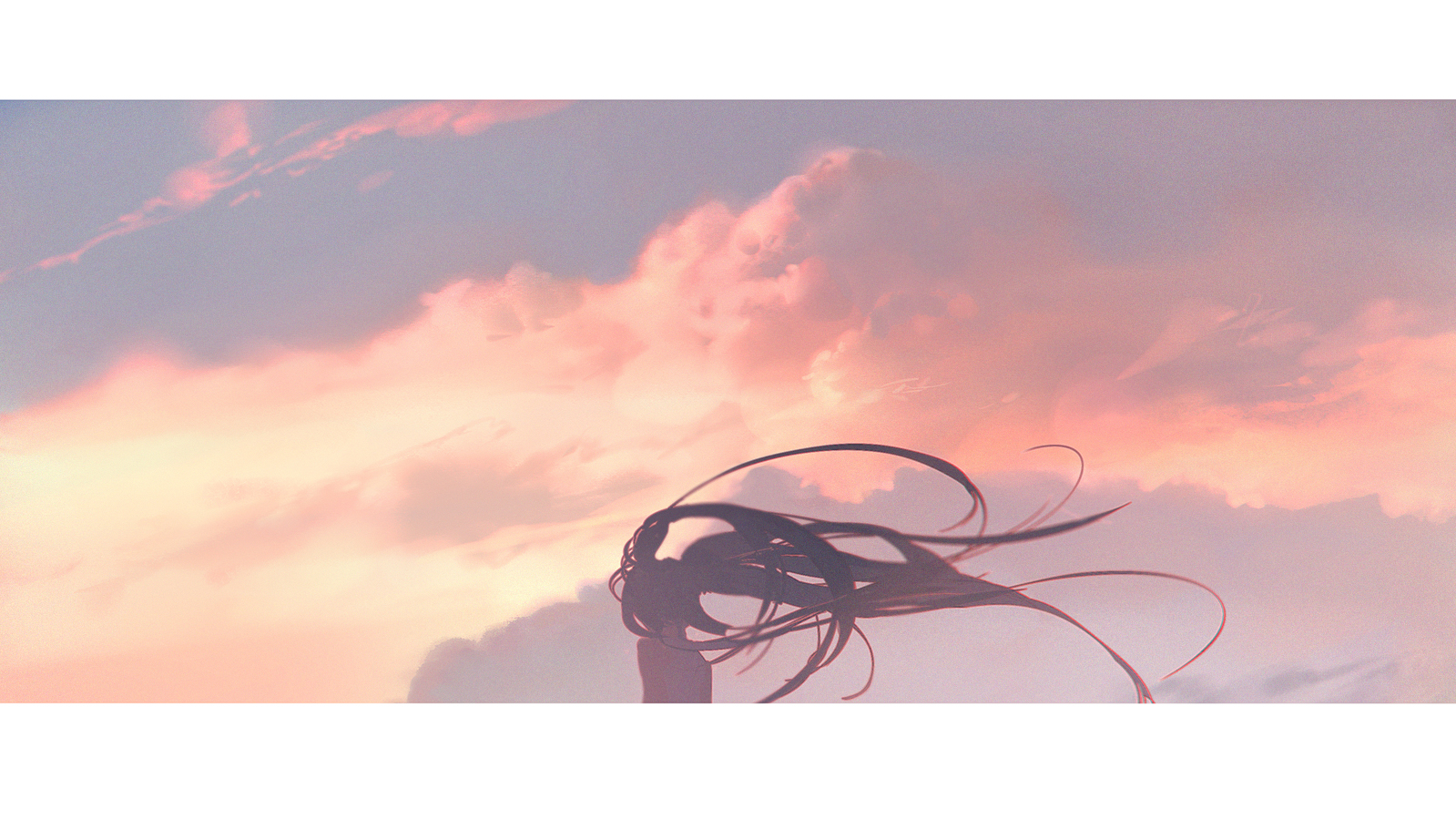 an anime girl stands against a backdrop of pink clouds in a sky at sunset, with her long hair blowing in the wind.