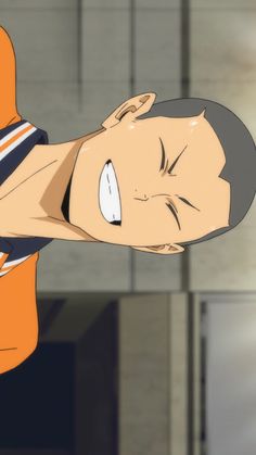 the image features a closeup illustration of an anime boy with a shaved head. he's wearing an orange and white shirt and has a wide, mischievous grin on his face with one eye closed. the background suggests an indoor setting, possibly a gym or school hallway, with neutral gray tones. the lighting is soft, highlighting the character's features.