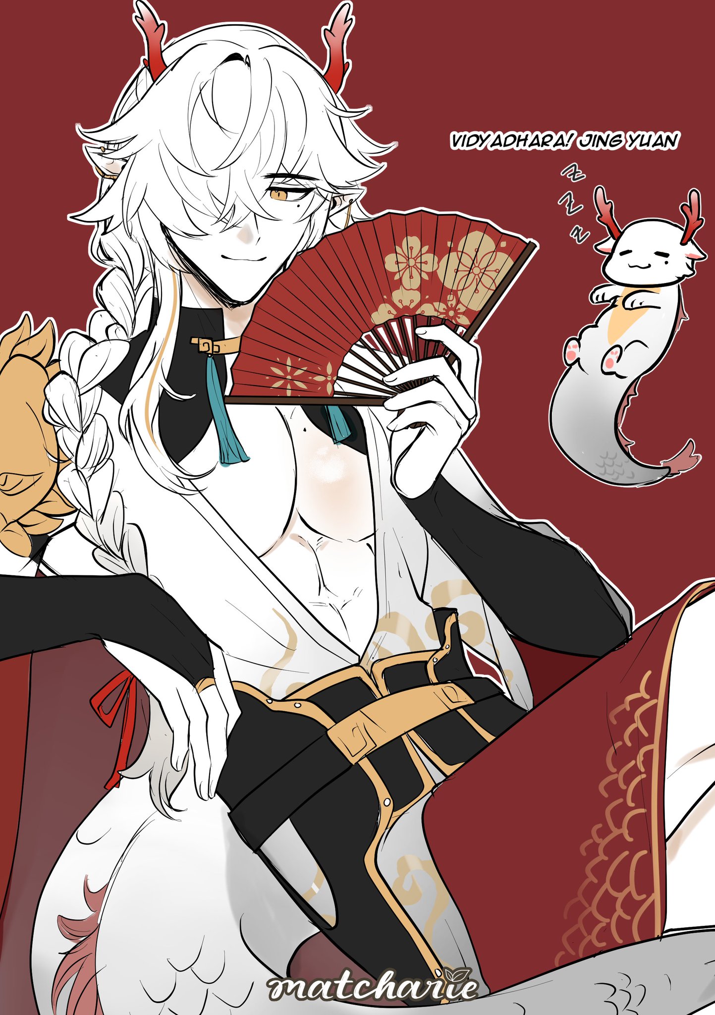 a digital illustration of jing yuan from genshin impact. he is a young man with white hair and red eyes. he is wearing a white shirt with a black belt and red pants. he is holding a red fan in his right hand and has a small, white dragon sleeping on his shoulder. he is in a relaxed pose.
