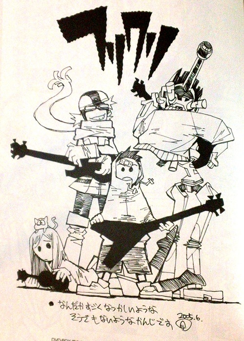 this is a black and white illustration of a band, in an anime style. the band is playing guitars and has a very rock and roll aesthetic. the illustration has a cool, energetic feel and shows an exciting rock band performance.