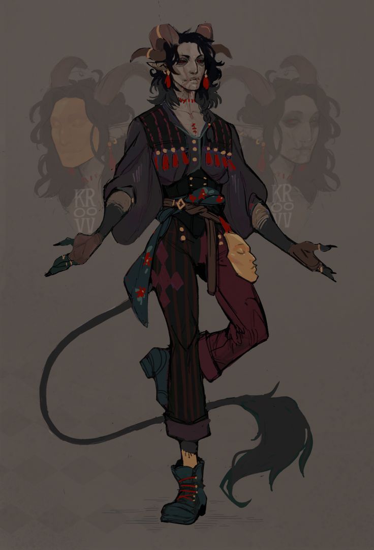this is a digital painting of a horned, humanoid creature with a long, black tail. they have dark hair, dark skin, and are wearing a mix of purple and black clothing. they have a scar on their neck and a small, round, mask on their hip.  the creature is posed with their arms outstretched. the background is a simple, solid grey.