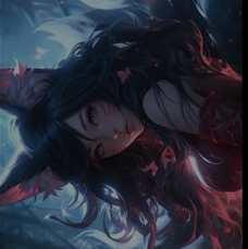 the image is an animestyle drawing of a woman. her long black hair flows behind her. her expression is sultry and playful. she has on a red dress, and reddish foxlike ears with white tips protrude from her hair. the background is smoky and dark, giving the image a mystical or fantasy feel.