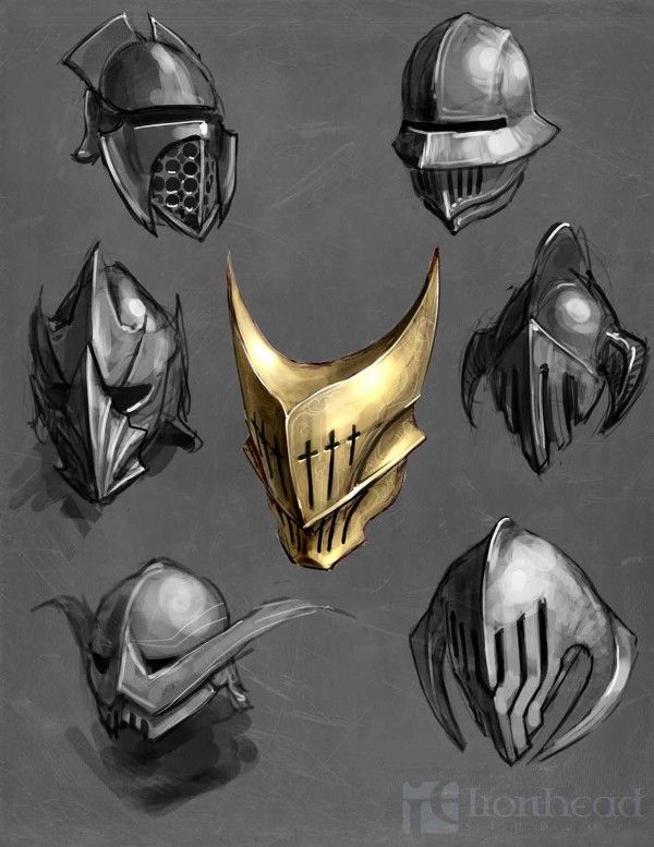 the image showcases a collection of intricately designed knight helmets rendered in a stylized sketch format. seven helmets in total are presented, with a distinct focus on a central golden helmet. the remaining helmets, rendered in shades of gray, surround the central piece.  the helmets display a variety of fantastical elements, signifying their potential use in a fantasy setting.  the artist's signature, "ironhead," is subtly incorporated into the lower right corner of the image.