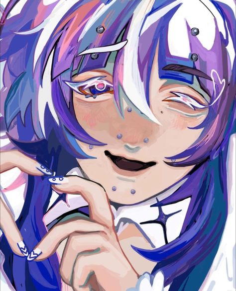 a digital drawing of an anime character with split purple and white hair, vitiligo, and heterochromia. the character is making a heart shape with their hand and smiling at the viewer.  the style is painterly, using mostly cool tones.