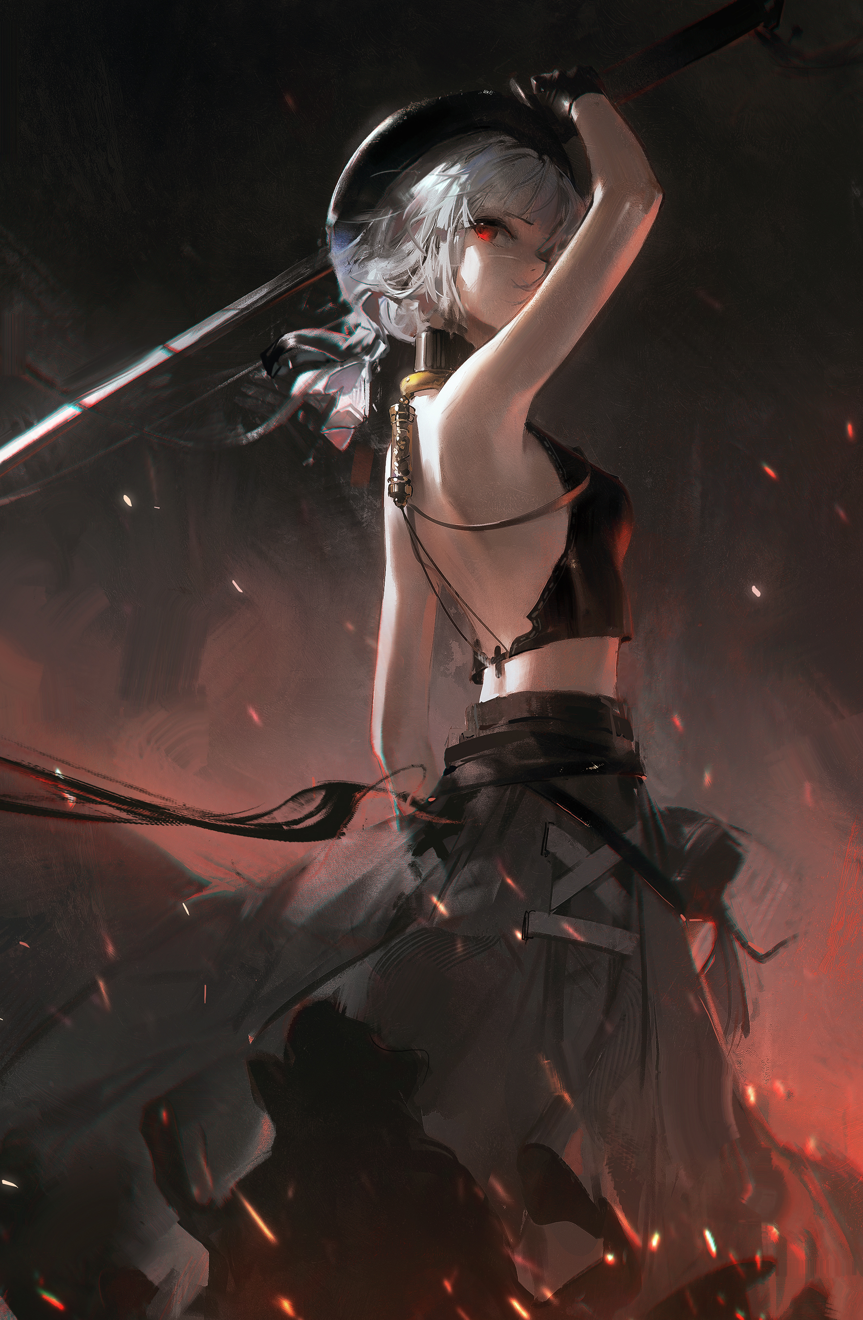 a female anime character with white hair and red eyes stands in a dark environment holding a sword. she is wearing black clothes and has a fiery background. she looks determined and ready to fight. the image is full of energy and motion.