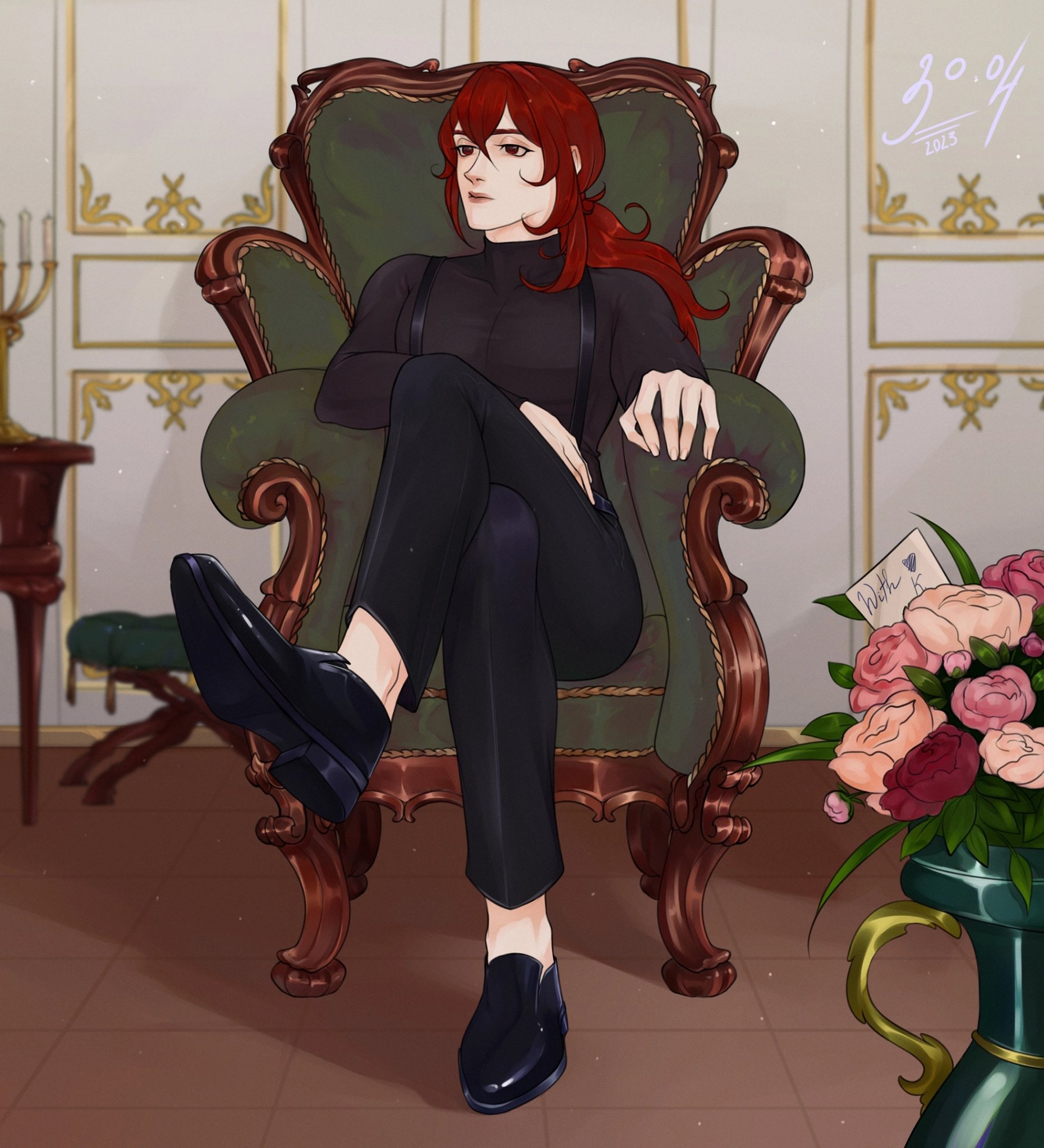 a man with long red hair is sitting in a large, ornate green chair. he is wearing a black suit with a white shirt and a black tie. the chair is in a room with an elegant interior. there are flowers in a vase on the table next to the chair.  the man looks very sophisticated and serious.