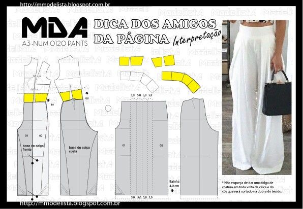 this image shows a sewing pattern for palazzo pants, titled "mda a3num 0120 pants". it includes pattern pieces for the front and back of the pants, as well as a section for the waistband. a photo of the finished garment is also included for reference.