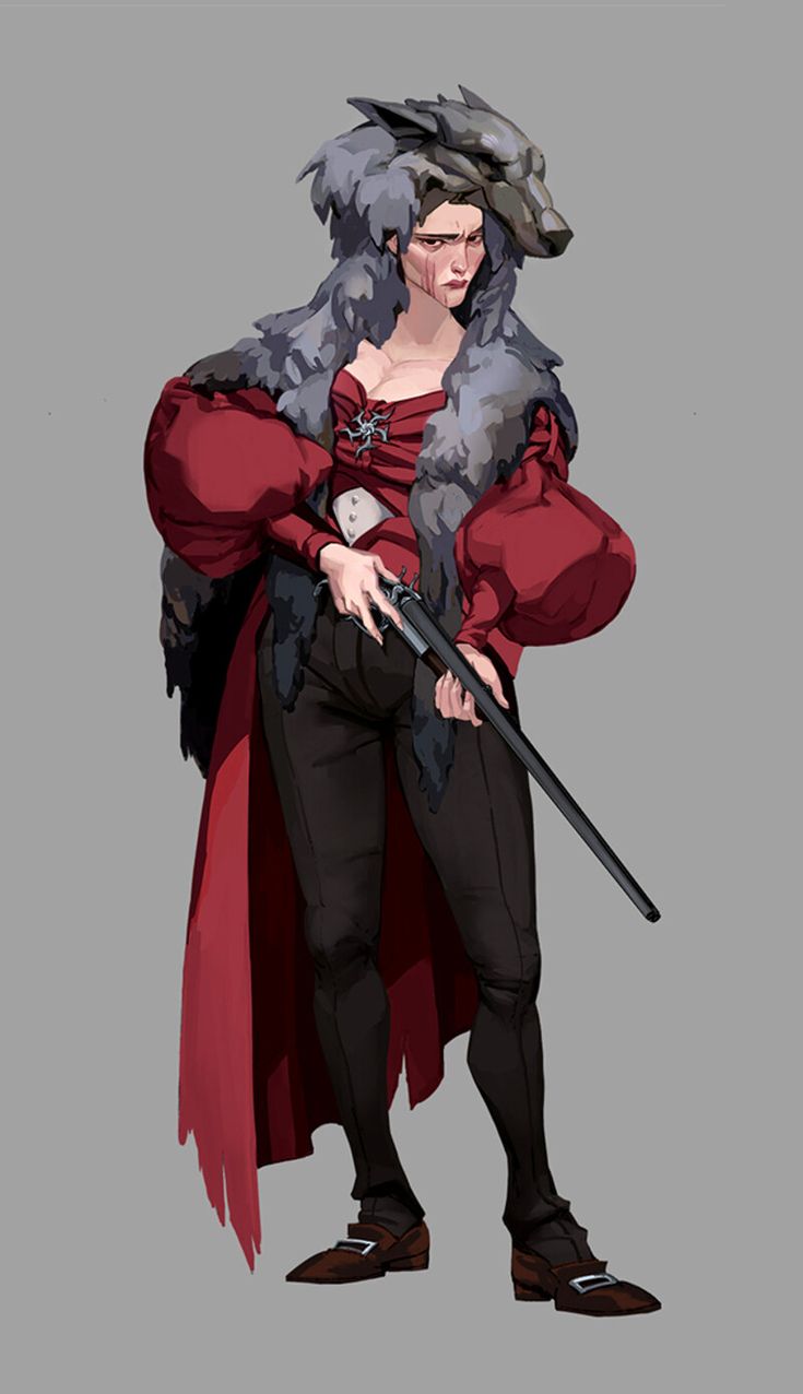 this digital art piece depicts a woman dressed in a red cloak and black pants. she has a wolf head on her head, and is holding a shotgun in her hands. the background is a plain grey. the woman's serious expression and her weapon suggest she is a warrior or hunter. the wolf head on her head may be a symbol of her power or her connection to nature.