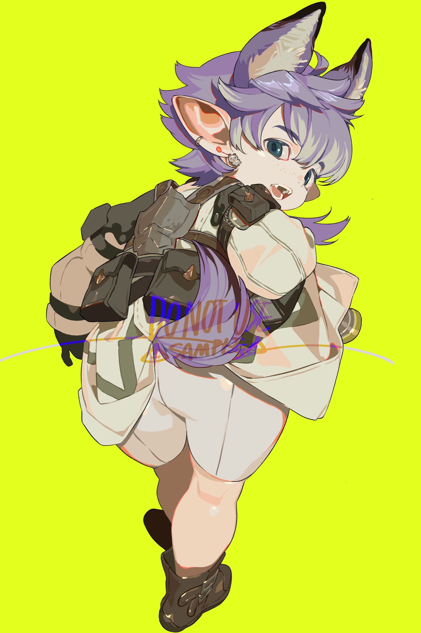 a furry anime wolf character with violet hair, green eyes, and ear piercings. they are wearing a vest, shorts, and boots. the character is looking over their shoulder with a playful expression.