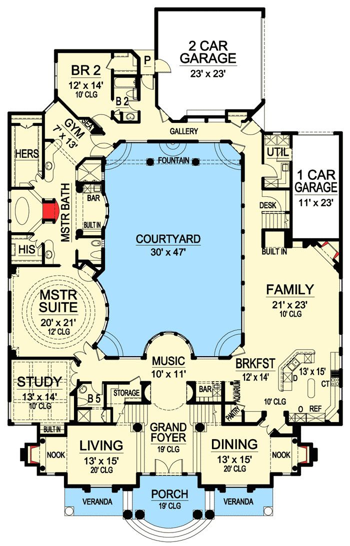 this is an architectural floor plan of a large house. it includes multiple rooms such as bedrooms, bathrooms, a gym, kitchen, dining room, living room, study, and garages. there is also a central courtyard with a fountain. the plan includes dimensions for each room.