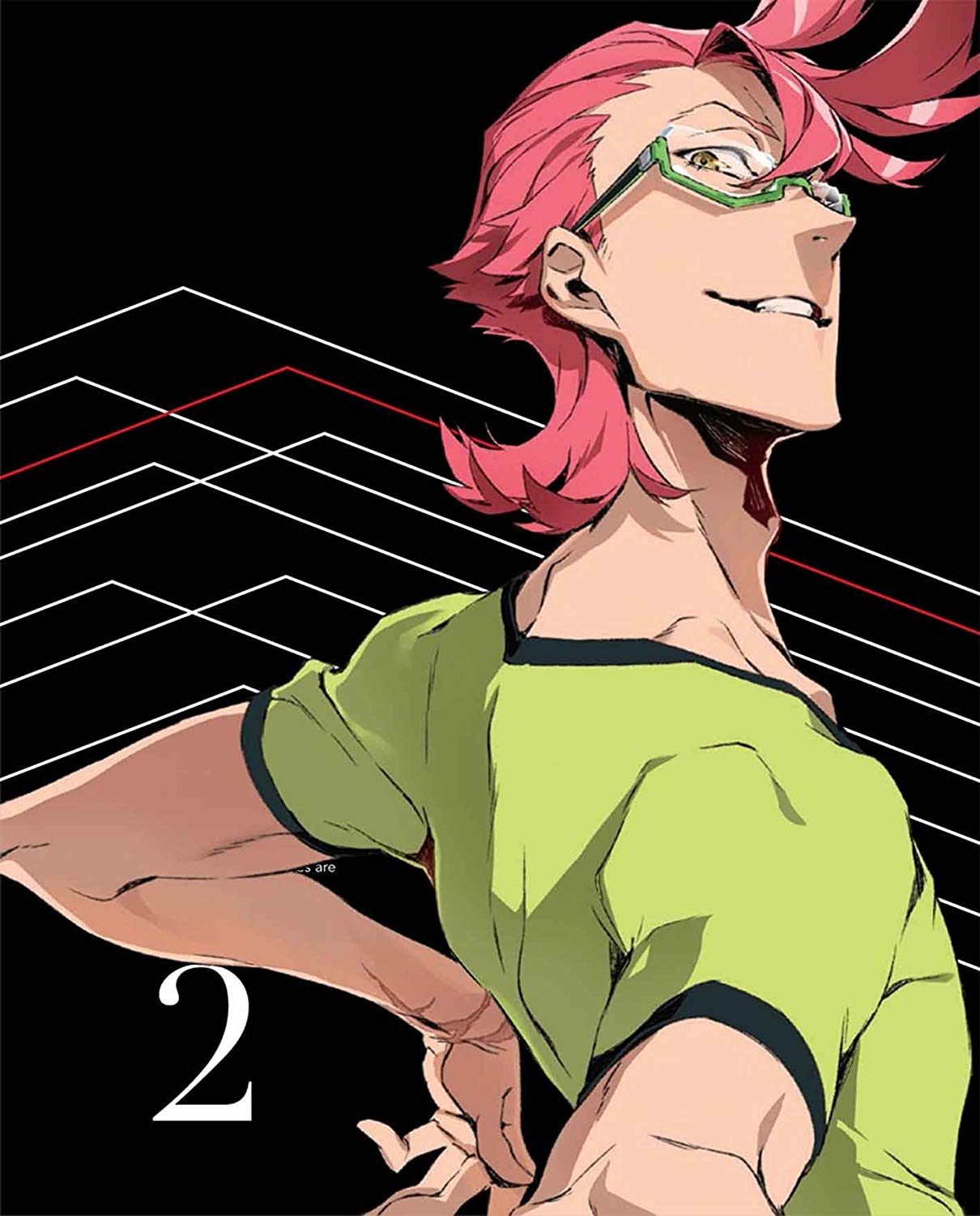 a digital illustration of an anime character, a young man with short, spiky pink hair and green glasses. he's wearing a green tshirt and has a confident smirk on his face. the background is black with stylized red lines. the number "2" is prominently displayed on the left side.