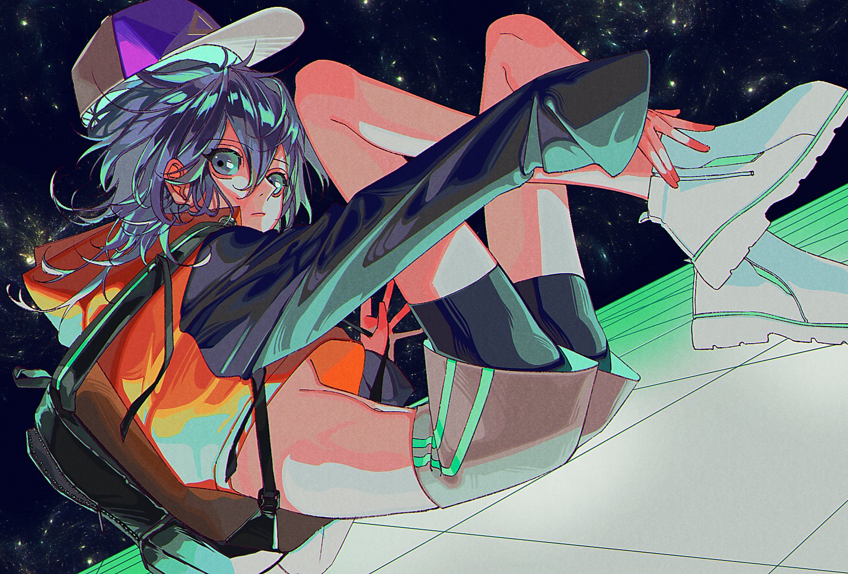 the image is a digital painting of an animestyle female character. she has teal hair, is wearing a purple and teal cap, orange hoodie, dark jacket, and white boots. she carries a black backpack and is sitting on a futuristiclooking floor with a neon green line. the background is a cosmic space scene with stars. the overall style is vibrant and colorful, with a mix of modern and futuristic elements.