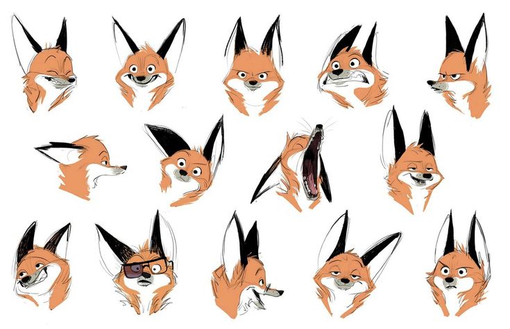 the image is a collection of cartoonstyle illustrations of a fox's head, each displaying a different emotion or expression. the fox is primarily orange with black and white details on its ears. some of the foxes are yawning, wearing glasses, or smoking a cigarette. the artwork appears to be sketches or character designs, showcasing various poses and comical situations.