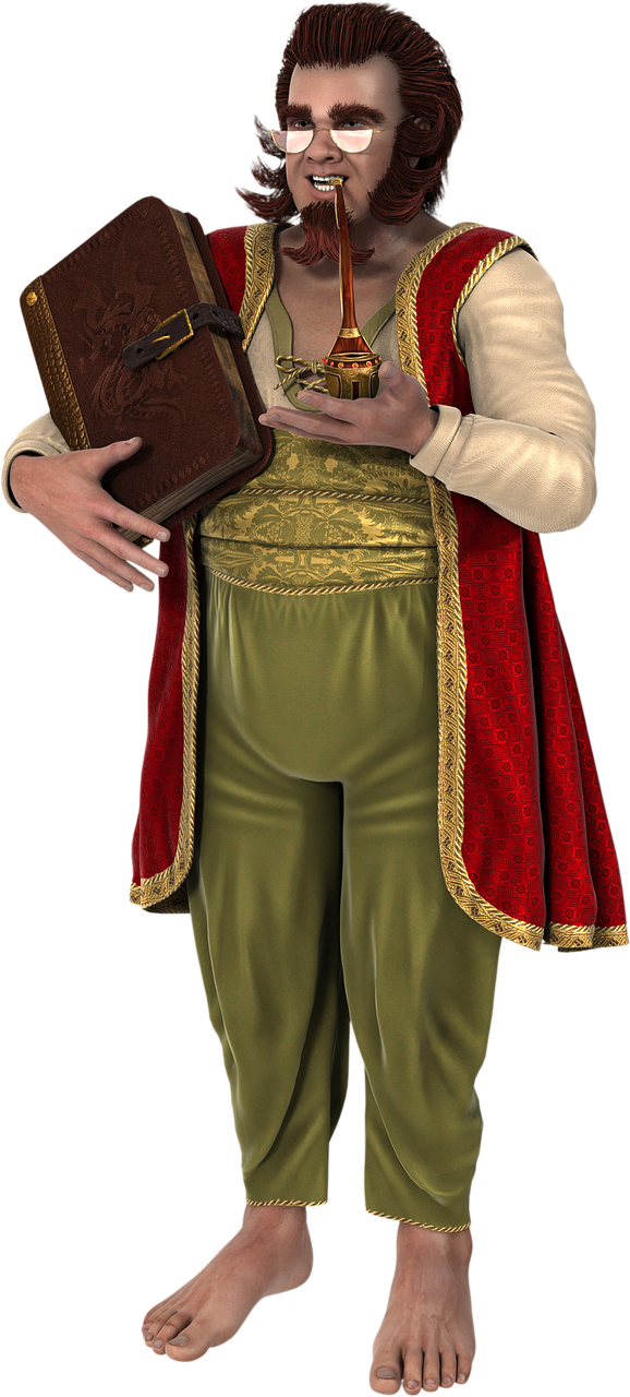 a fulllength digital image of a man, likely a character from a fantasy setting. he has dark reddishbrown hair, a beard, and a mustache, and he wears glasses. he is dressed in oriental attire: a white longsleeved shirt, loose green pants, a gold ornamental belt, and a red vest or robe with gold trim. he holds a large, ornate book in one hand and a decorative pipe in his mouth and hand. he is barefoot. the background is solid black.