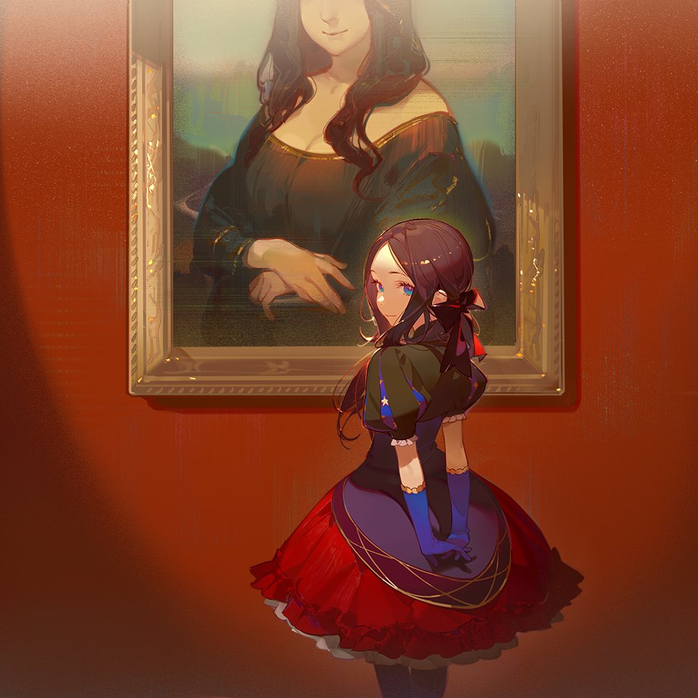 an animestyle girl stands in front of a painting of the mona lisa in what appears to be a museum or art gallery. she is wearing a red dress with blue and black accents. the background is a reddish wall.
