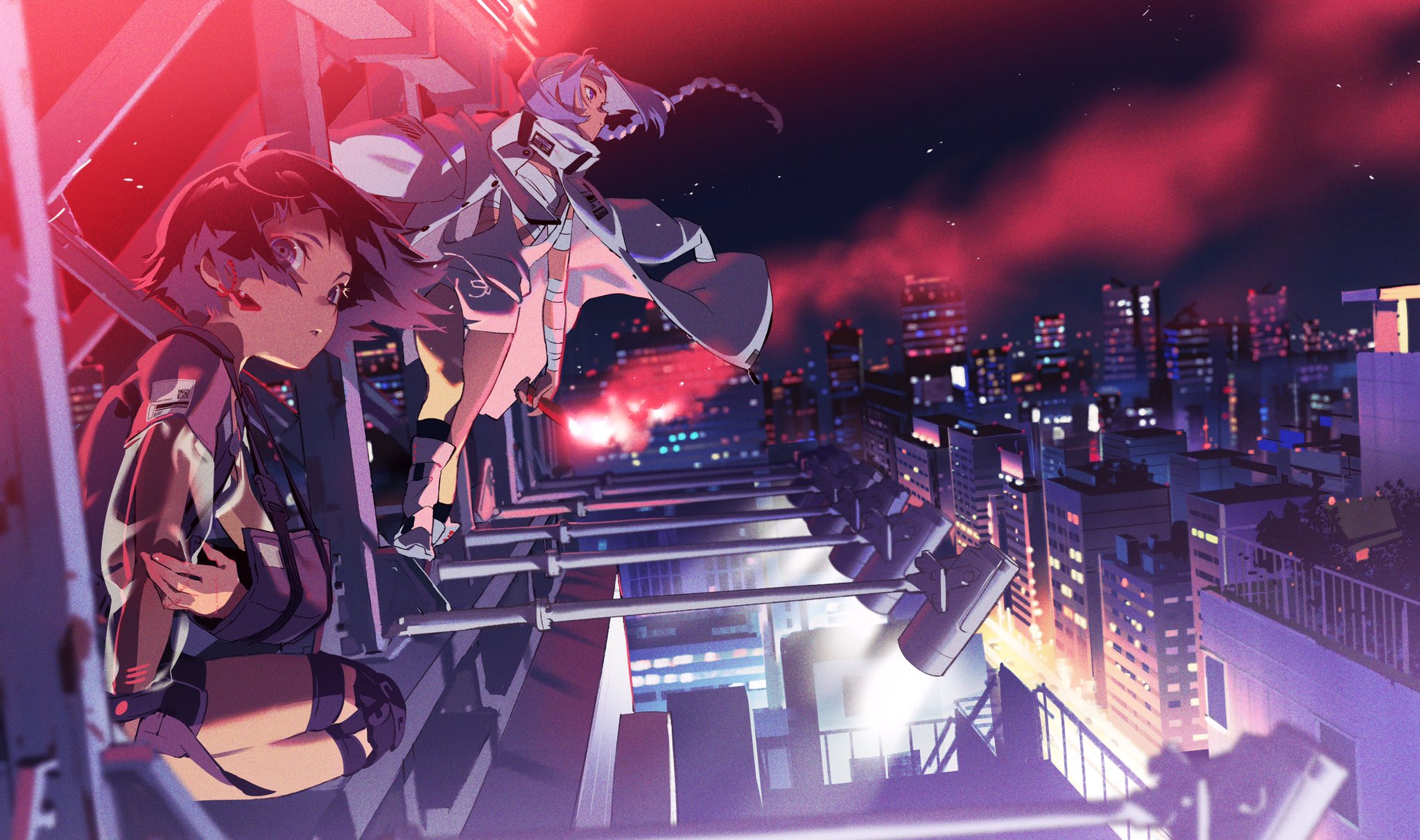 two animestyle female characters stand on a metal structure overlooking a brightly lit city at night. the character in the foreground has short dark hair and wears a black and gray outfit, her expression serious. behind her, another female character with light hair and a white outfit leaps through the air. explosions and red smoke fill the background, creating a sense of chaos and action. the scene is bathed in vibrant neon lights, casting dramatic shadows and highlights.