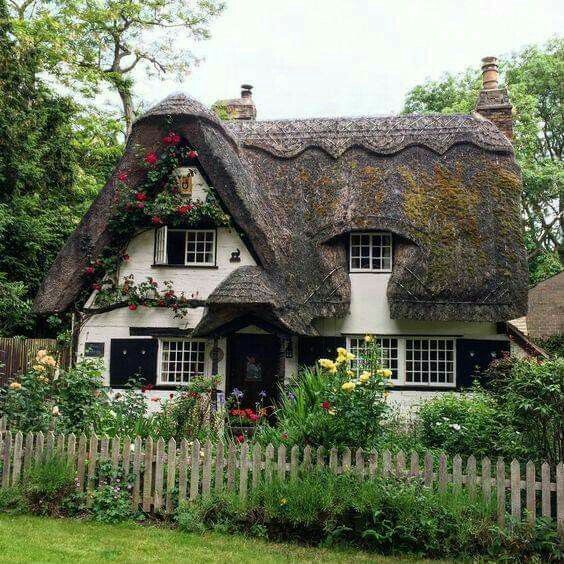 a charming white cottage with a thick thatched roof, adorned with climbing roses. it sits nestled in a lush garden overflowing with colorful flowers. a wooden picket fence encloses the front yard, adding to the picturesque scene. the image evokes a sense of idyllic rural life.