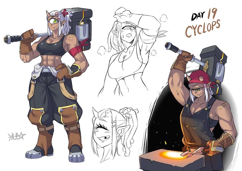the image is a digital illustration of an anime character. the character is a female cyclops with long white hair, one large eye, and a muscular body. she is wearing a dark sports bra and brown pants. the character is holding a large hammer in her right hand, which she is using to work on a piece of metal on an anvil. the background is dark and shadowy.