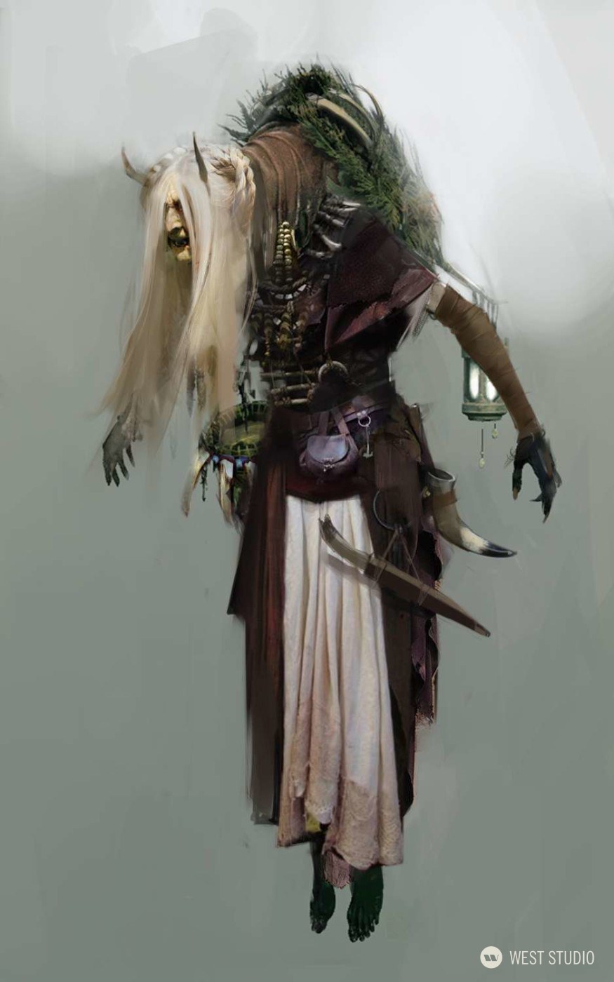 the image showcases a chilling character concept art of a floating fantasy creature. its most striking feature is the decaying head of a humanoid figure with long, white hair and horns protruding from its forehead, seemingly attached to its chest. this spectral figure wears a tattered, layered robe in muted tones of brown and white, adorned with bones, trinkets, and a curved dagger. in its hand, it holds a lantern emitting a faint, eerie glow.