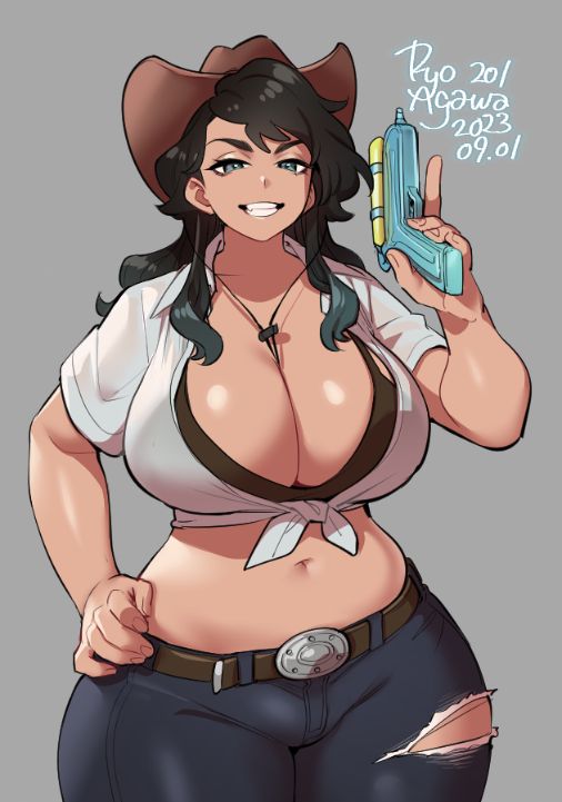 an anime style illustration of a smiling woman wearing a cowboy hat, a white button down shirt tied at the waist and jeans. she is holding a water gun in her right hand and the gun has water coming out of the barrel. the woman's hair is long, black, and parted on the left side. she has brown eyes and is smiling.  the illustration is done in a digital style and has a light background.