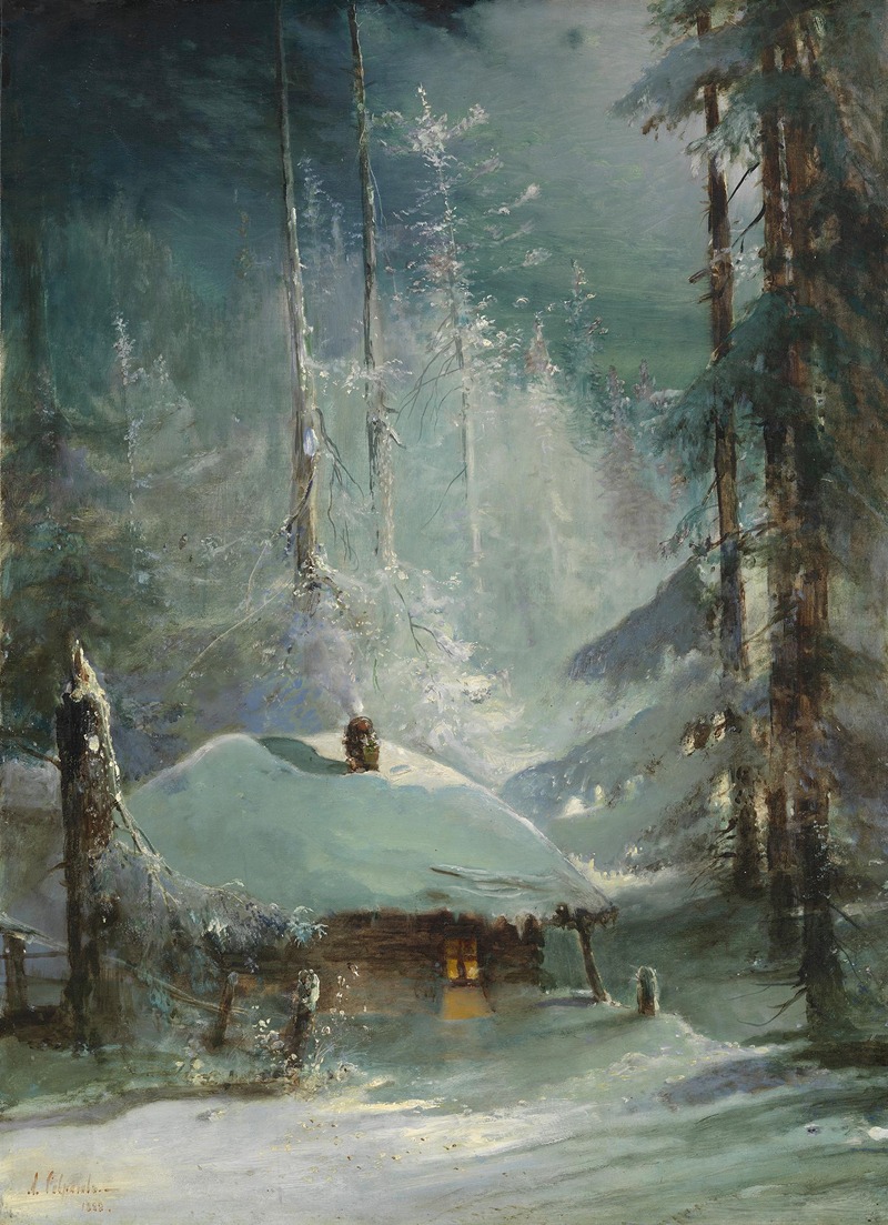 the painting depicts a snowcovered landscape with a log cabin nestled in a forest during winter. tall trees surround the cabin, and the roof is heavily covered in snow. there is light emanating from the cabin windows. the painting has a cold and serene atmosphere.