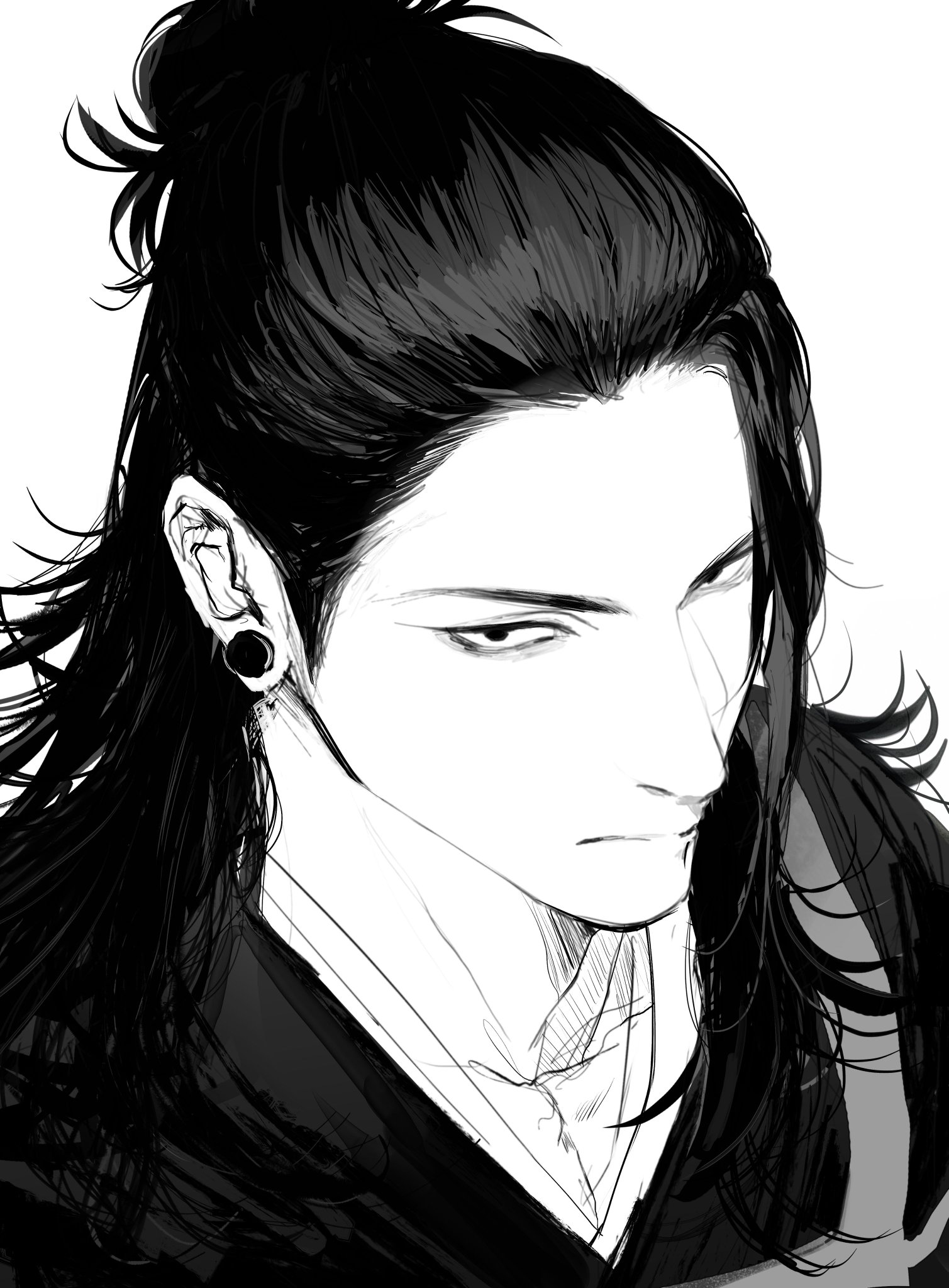 a black and white portrait of an anime/manga male character with long black hair pulled back into a ponytail. he has a serious expression and his eyes are narrowed. he is wearing an earring.