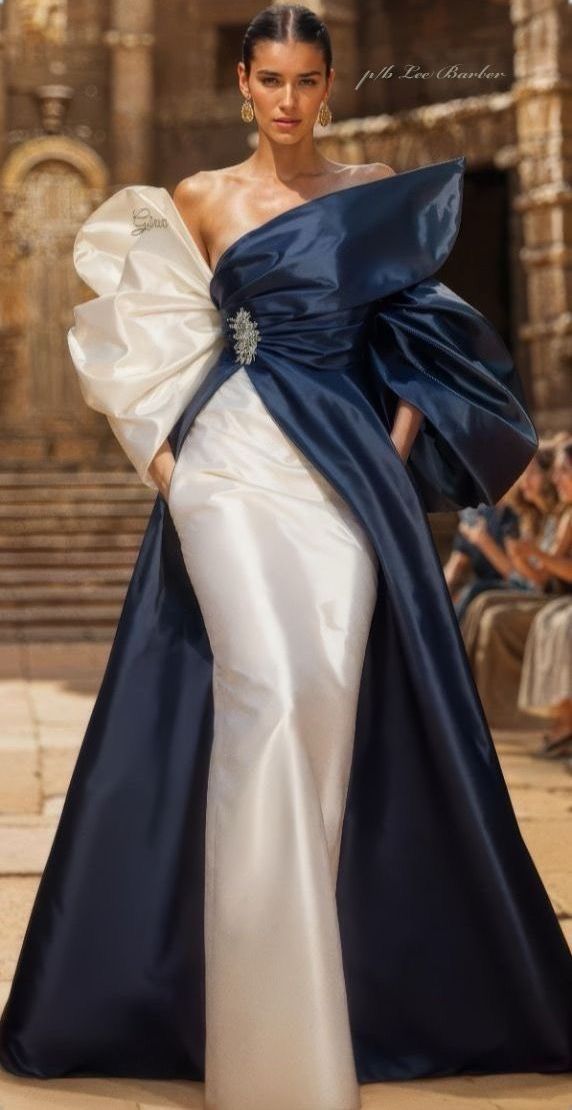 a model walks the runway in a stunning blue and white gown. the dress features a white silk skirt and a blue satin bodice with a dramatic, billowing sleeve. the model's hair is styled in a simple updo and her makeup is natural and understated. she is wearing elegant earrings and her posture is elegant and confident. the background is out of focus, highlighting the model's beauty and the dress's intricate design. the image captures the essence of high fashion and elegance.