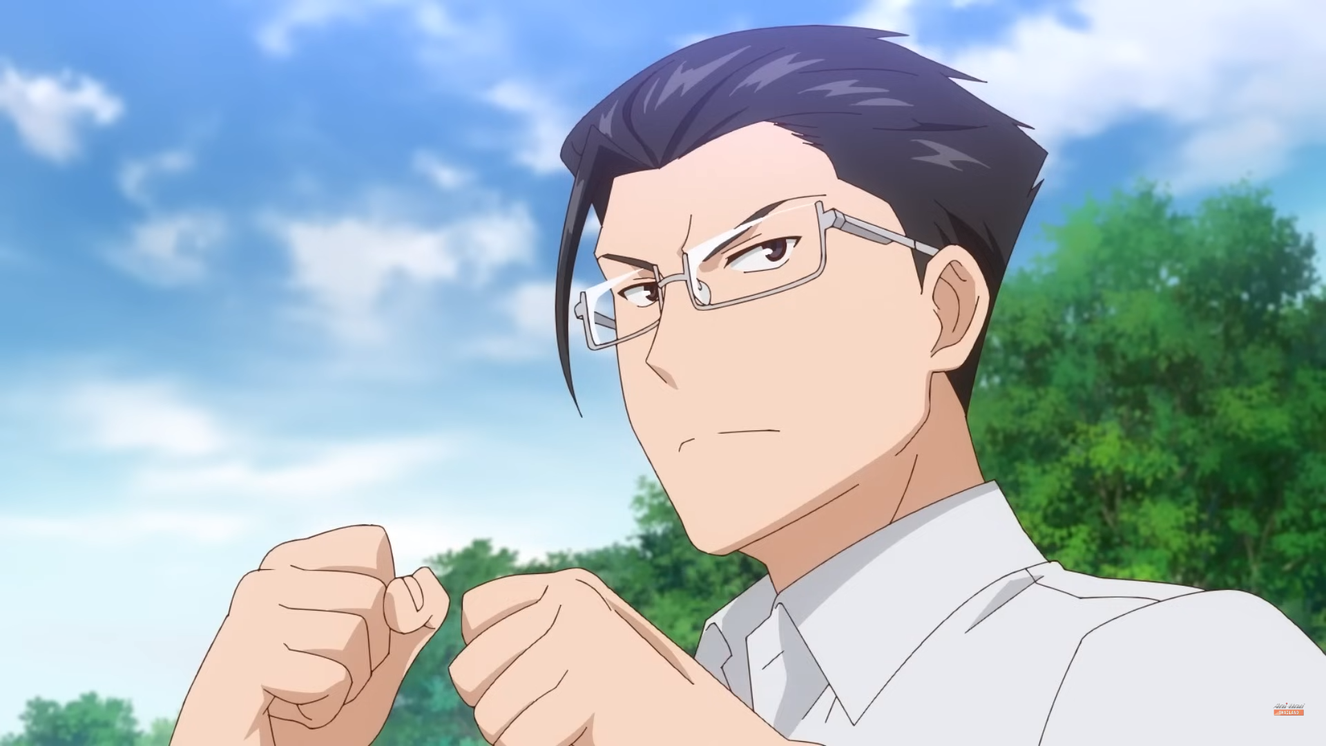 the image shows a closeup of an animestyle male character. the man has dark hair, brown eyes, and is wearing rectangular glasses. he is wearing a white dress shirt and is shown with his fists raised as if ready to fight. the background of the image suggests an outdoor setting, with a bright blue sky and green trees. the character's serious facial expression and fighting stance create a tense and confrontational mood.
