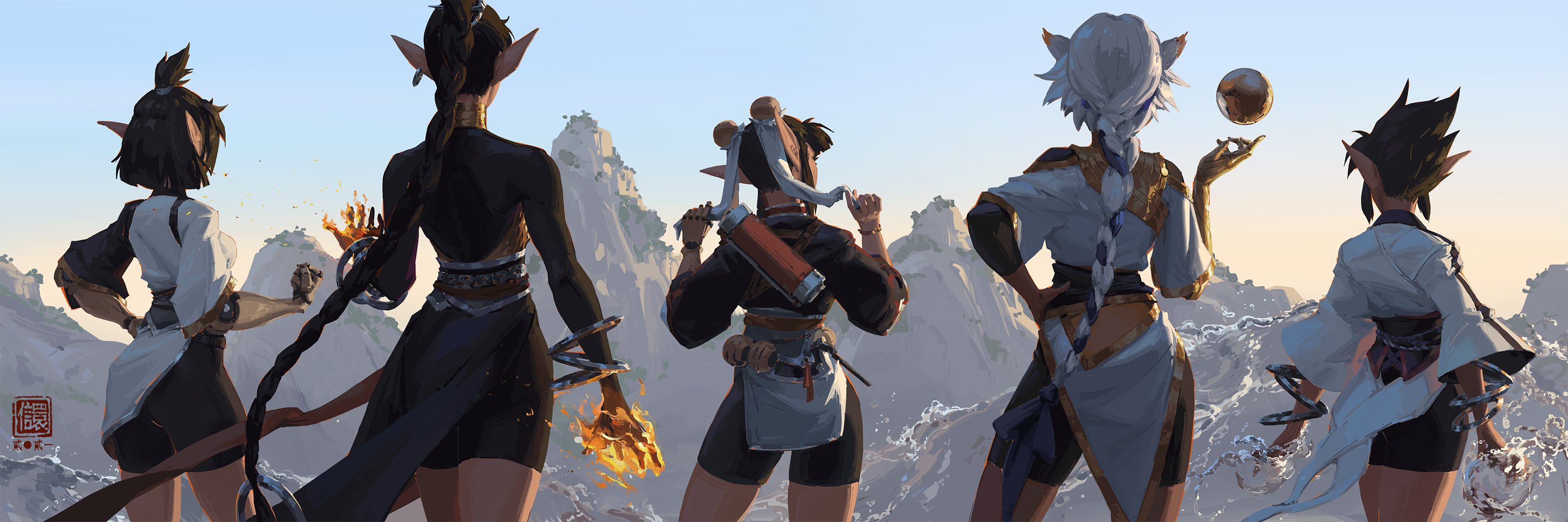 he image is a digital painting showcasing five female fantasy characters, possibly elves, standing in a serene landscape. they are positioned with their backs to the viewer, gazing towards a picturesque sunset over mountains and water. each character has unique clothing and accessories, suggesting different magical abilities or roles. one character is associated with fire, while another is associated with water. the style is reminiscent of anime or manga, with a focus on dynamic poses and expressive character design. the overall mood is peaceful and majestic, conveying a sense of fantasy and adventure. the art is highly detailed, with vibrant colors and soft brushstrokes that capture light and shadow effectively.