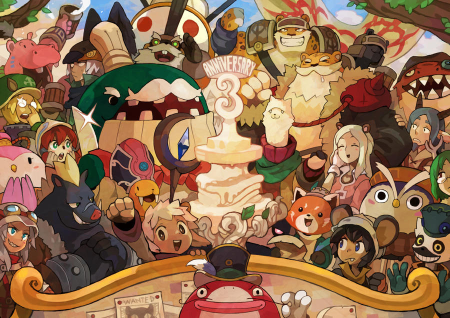this whimsical and colorful cartoon illustration celebrates an anniversary with a festive gathering of cute and whimsical characters. the centerpiece of the celebration is a multilayered cake with a large number "3" on top, symbolizing the third anniversary. surrounding the cake are a diverse group of happy and smiling characters, each with their unique personalities and appearances. they are dressed in vibrant clothing, holding festive items, and radiating joy. the setting is a fantasyinspired world, with a backdrop of whimsical decorations and an atmosphere of fun and friendship.  the illustration captures the spirit of celebration and the joy of togetherness, emphasizing the importance of community and shared experiences.