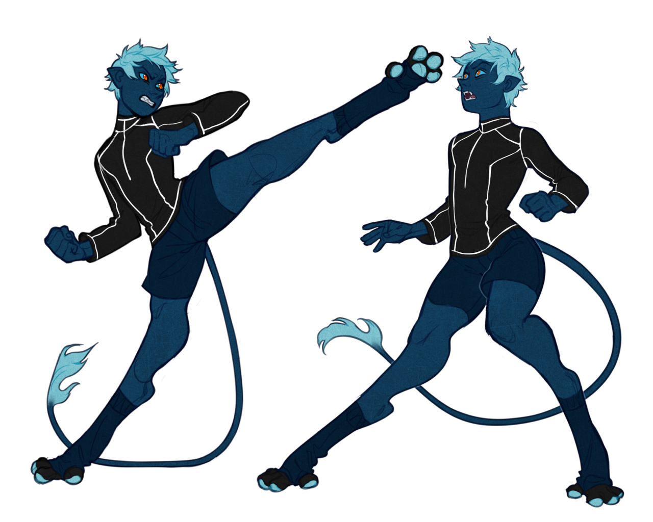 the image showcases a character concept, likely for a fantasy setting. it features a young adult, male creature with blue skin, vibrant blue hair, a feline tail, and pawlike feet. he's dressed in a sporty black outfit with glowing lines, emphasizing his athletic build. he's depicted in dynamic fighting stances, suggesting agility and martial arts prowess. one side presents a powerful kick while the other shows a defensive posture, highlighting his combative nature. the white background accentuates the character and draws focus to the blue color scheme and dynamic posing.
