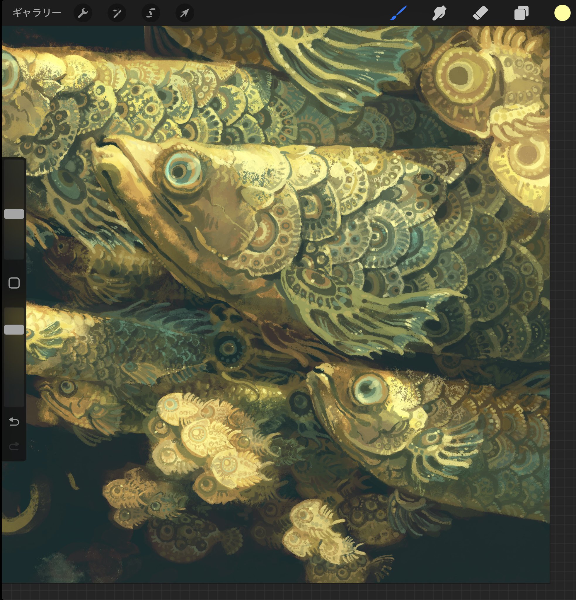 the image is a digital painting of a group of intricately detailed fish, seemingly overlapping and intertwined. the fish have ornate scales with a pattern of concentric circles and other decorative elements. the color palette is dominated by shades of gold, green, and yellow, creating a rich, almost metallic texture.  the style is fantastical, almost mythical, with the fish appearing otherworldly. the background is dark, allowing the vibrant colors of the fish to stand out. the closeup perspective makes the details of the scales and patterns very prominent. the overall impression is one of richness, complexity, and visual interest.