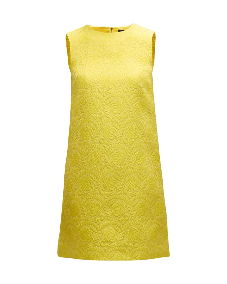 a yellow sleeveless dress with a floral pattern. the dress is a simple, elegant design that would be perfect for a summer day. the dress has a round neckline and is sleeveless. it is made of a light fabric that would be very comfortable to wear.  the dress is also very flattering and would look great on a variety of body types.