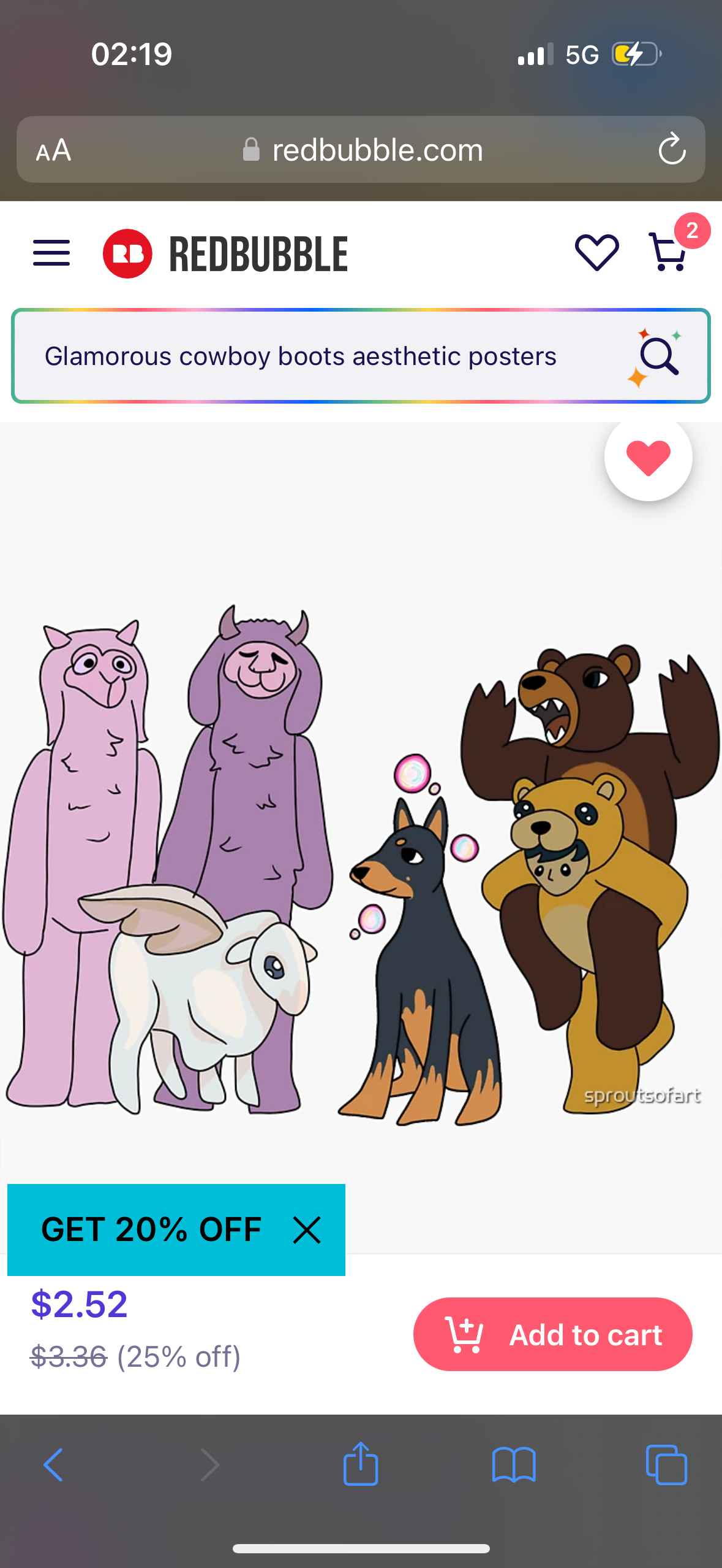 this is a redbubble product page for a poster with cartoon animals. there are five animals in total: a pink llama, a purple sheep, a brown bear, a black dog, and a white sheep with wings. the animals are all standing in a row, with the bear on the right, the dog in the middle, and the sheep and llama on the left. the background is white. the poster is available for purchase on redbubble for $2.52.